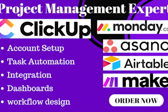 setup and automate project tasks in clickup monday com make com airtable notion