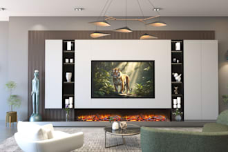 design TV wall, media wall, cabinet, fire place in 3d render