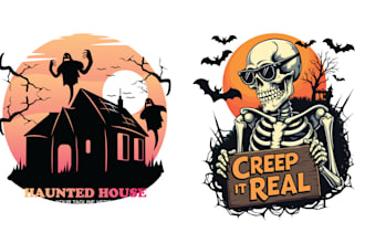 make vintage illustration of grinning skeleton and horror logo