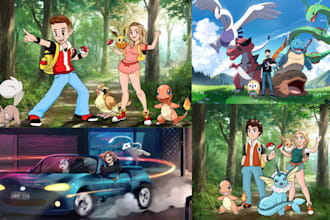 create fakemon pixel pokemon trainer, pokemon art sprite sheet, anime monster