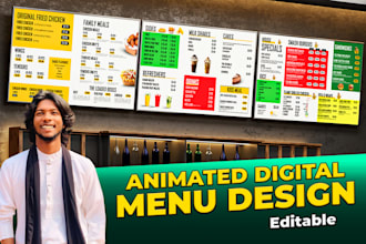 design animated or static TV screen menu board, digital restaurant