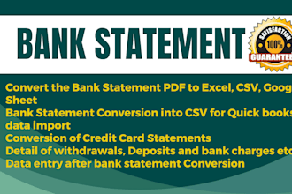 convert pdf bank statement to csv, excel, for bookkeeping, profit and loss