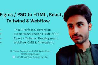 convert figma to HTML, PSD to HTML, figma to react, tailwind CSS, and webflow