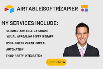 develop airtable database design, softr webapp, client portal and zapier