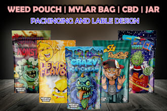 expert unique weed pouches, mylar bags, jar, cbd labels design