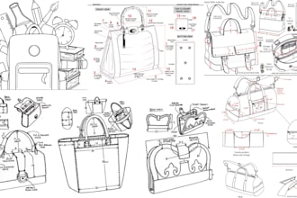 design any bags, handbag, tote bag, duffle bag, technical drawing and tech pack
