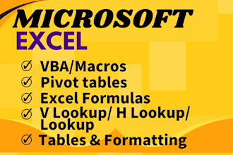 do vba,macros,pivot tables, excel formulas, all lookup,tables and formatting
