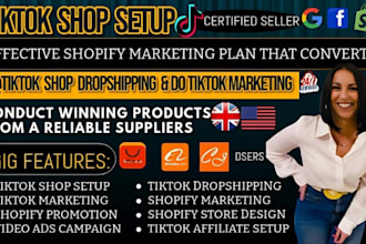 setup tiktok shop, facebook shop, instagram shop, shopify dropshipping marketing