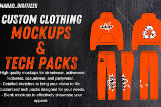 do attractive 2d clothing mockups and techpack designs