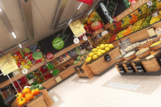 3d cgi food market, restaurant, bakery, interior design