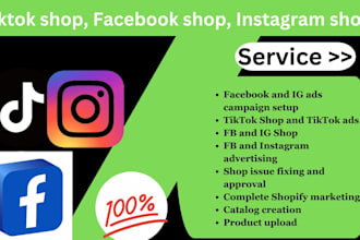 setup tiktok, shop facebook shop, instagram shop and complete shopify marketing