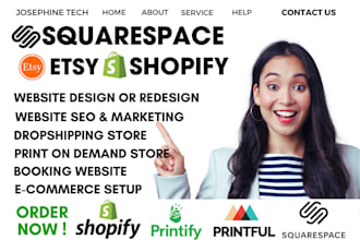 design squarespace wix website redesign set up shopify printify printful store
