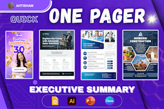 design one pager, executive summary, or investment teaser quickly