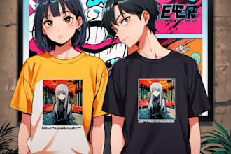 draw anime t shirt design, cartoon streetwear brand, merchandise, album cover