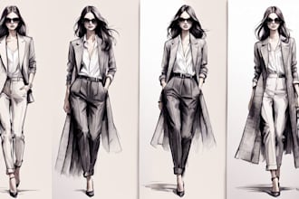 draw a beautiful fashion illustration, sketch, clothes