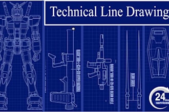 make technical line drawing, blue prints and 2d vector art