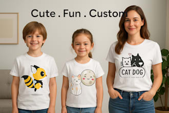 create cute cartoon t shirt and sticker design for kids and merch