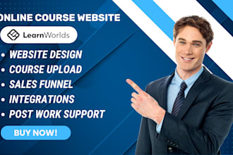 setup and design learnworlds online course site with sales pages of all courses