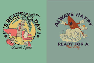 design mascot cartoon logo with coconut beach tree surfing