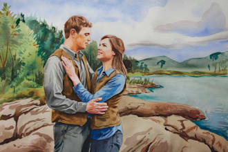 draw a digital art watercolor couple portrait