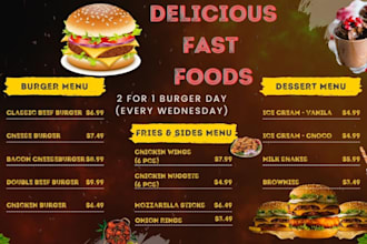 design an eye catching restaurant, food and bar menu