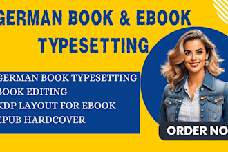 do german book typesetting, editing, kdp layout for ebook, epub hardcover