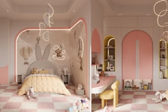design kids room, teenager playroom, baby nursery with realistic 3d rendering