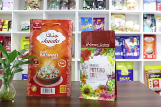 design label, pouch or box packaging with 3d mockup
