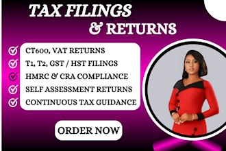 file UK and canada business taxes ct600, vat, gst, t1 and t2 returns
