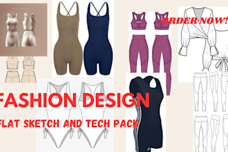 create tech pack, flat sketches, activewear and sportswear collection