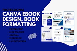 do canva ebook design, pdf lead magnet, workbook, ebook formatting, and designrr