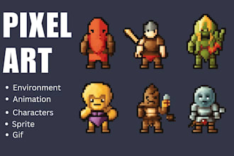 draw pixel art sprite, pixel art characters, pixel art animation for game