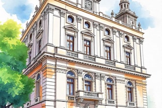 sketch architecture building with watercolor rendering