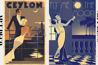 vintage art deco retro poster modern travel poster landscape illustration