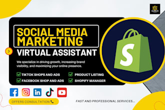 setup shopify marketing tiktok shop facebook instagram shop virtual assistant