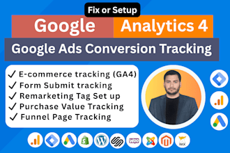 fix or setup google analytics 4, tag manager, ecommerce conversion tracking GTM