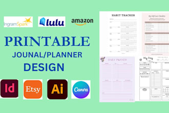 design printable journal, custom journal, trackers, planner, journal cover KDP
