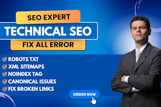 fix broken pages, canonical issues, robots txt, xml sitemaps and noindex tag