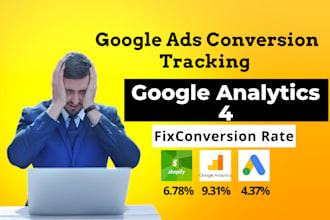 setup or fix shopify google ads conversion tracking, ga4 analytics goals, GTM