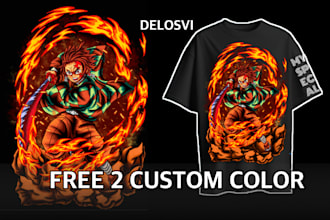 do t shirt design, fanart of one piece, naruto and others, in hand drawn style
