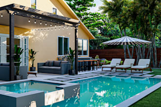 design and render your landscape, front yard, back yard, exterior and pool