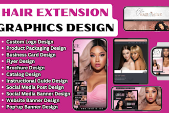 hair extension logo, packaging, business card, brochures, branding design, flyer