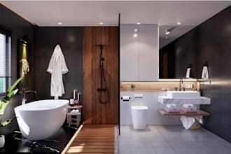do 2d plan,  3d design of bathroom and 2d and 3d interior design of  kitchen