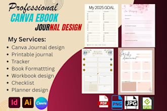 design custom printable canva journal, editable workbook, tracker, manual kdp