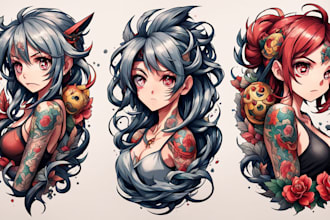 anime, cartoon tattoo design or illustration