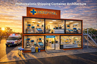 design photorealistic shipping container retail stores and houses