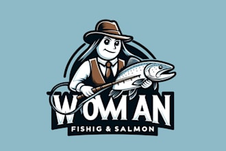 create amazing woman fishing with big salmon mascot logo for you