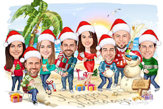make office group christmas caricature for holiday gift card