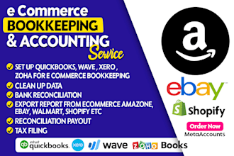 do ecommerce, amazon, shopify, ebay bookkeeping in quickbooks, wave, xero, zoho