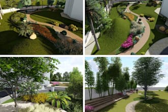 design backyard, garden, pool, patio and 3d realistic landscape